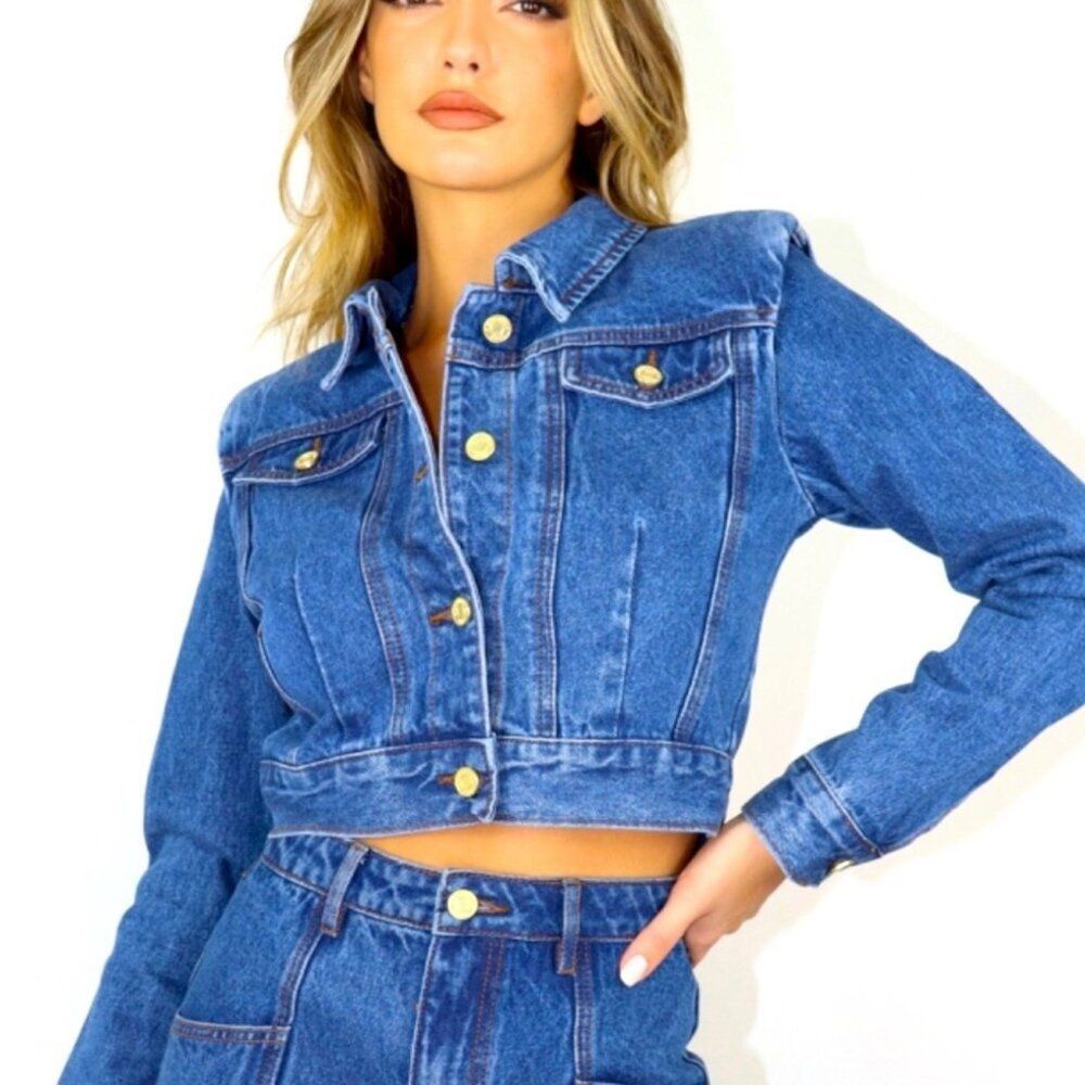 Missguided Denim Cropped Shoulder Pads Jacket Size 4 New